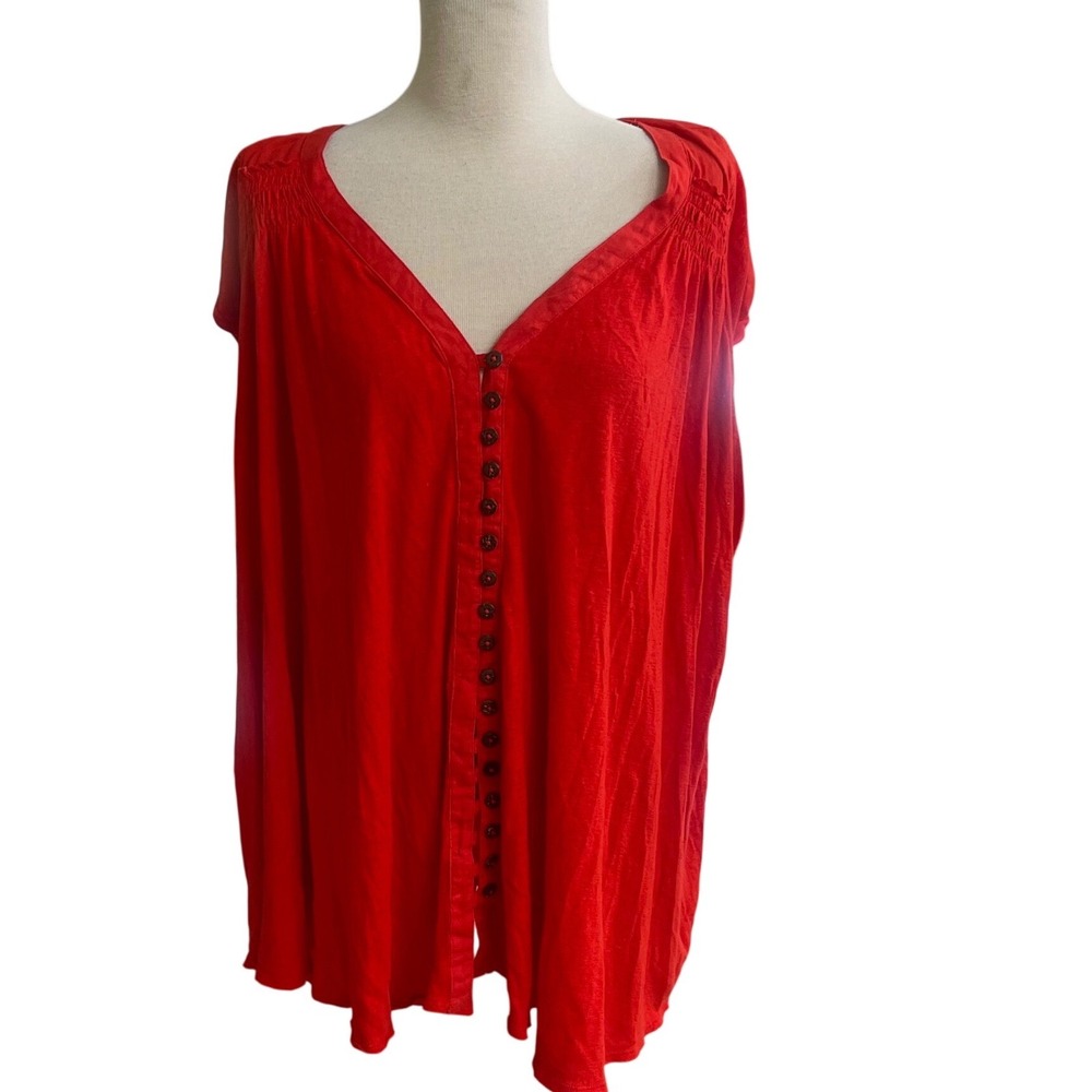 Free People Red Linen Blend Smocked Button Front Tunic Top boho Womens Small